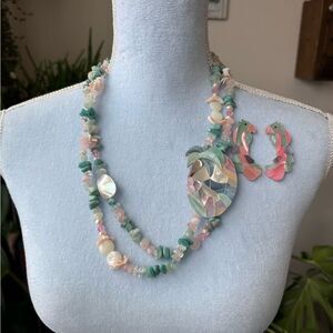 Vintage MOP Parrot bird rose quartz turquoise necklace earrings Lee sands